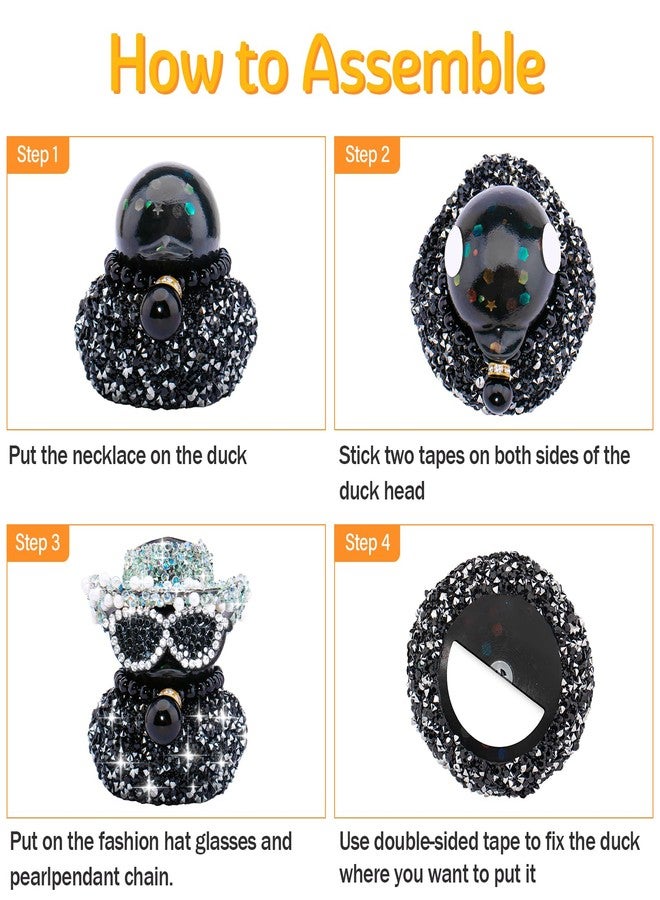 wonuu Black Diamond-Studded Bling Rubber Duck Car Ornaments Rhinestones Sparkly Dashboard Decorations for Cool car Accessories, A_Silver - Image 2